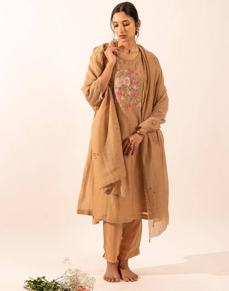 Chiku floral applique chanderi suit set with duppata