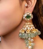 Gold plated kundan green stones jhumka earrings