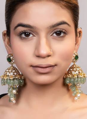 Gold plated kundan green stones jhumka earrings 2