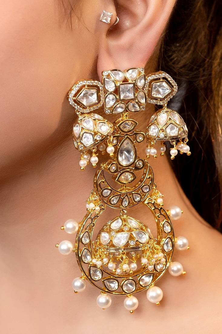 Gold plated kundan chandbali earrings
