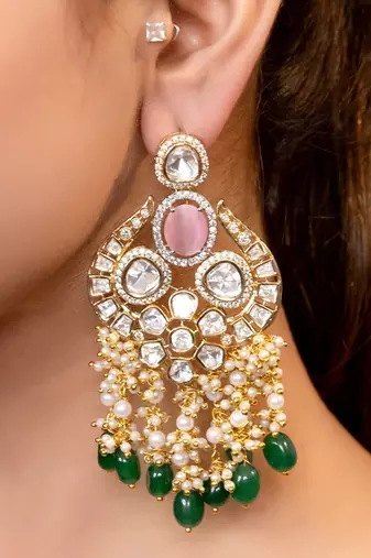 Gold plated kundan green stones chandbali earrings