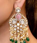Gold plated kundan green stones chandbali earrings