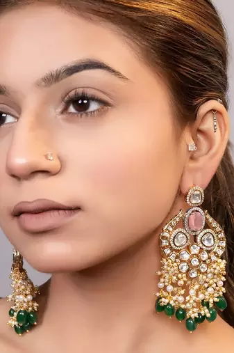 Gold plated kundan green stones chandbali earrings