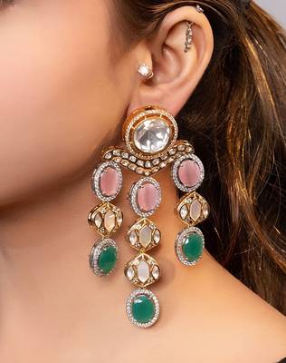 Gold plated kundan multicolor stones drop earrings 1