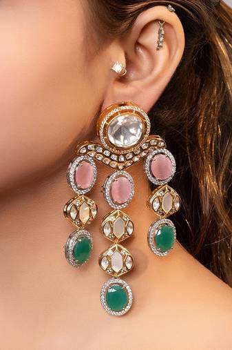 Gold plated kundan multicolor stones drop earrings