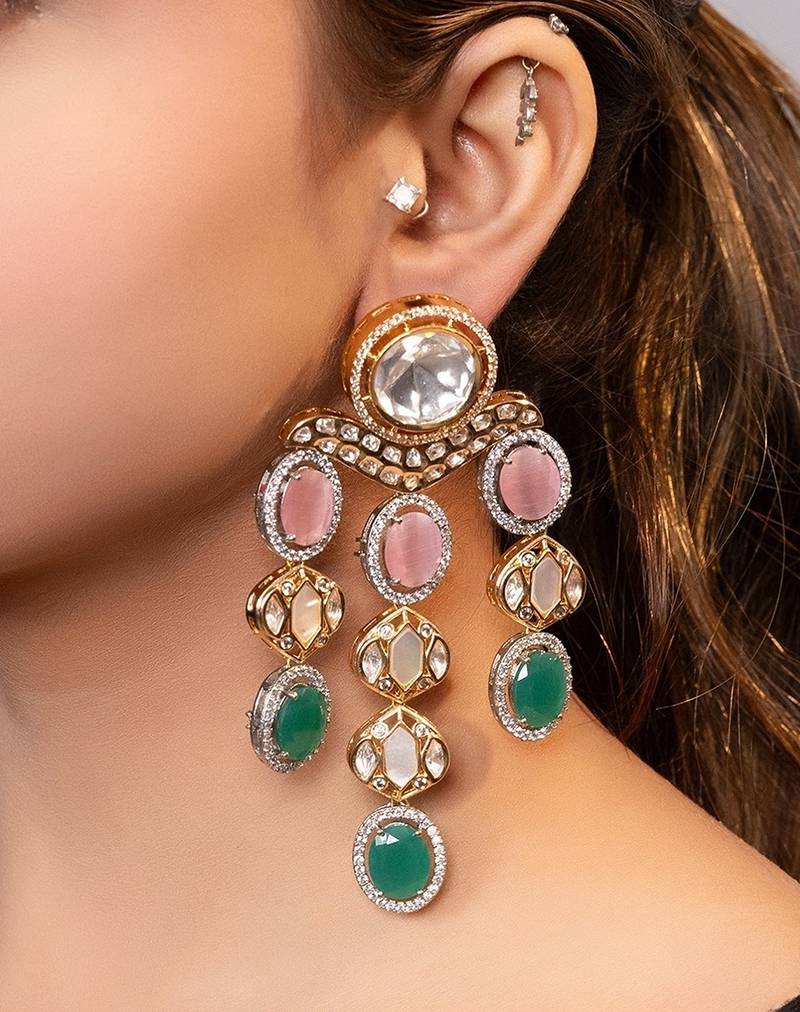Gold plated kundan multicolor stones drop earrings