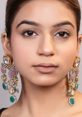 Gold plated kundan multicolor stones drop earrings 2