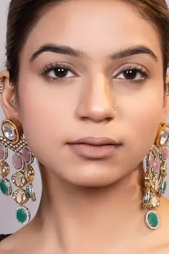 Gold plated kundan multicolor stones drop earrings