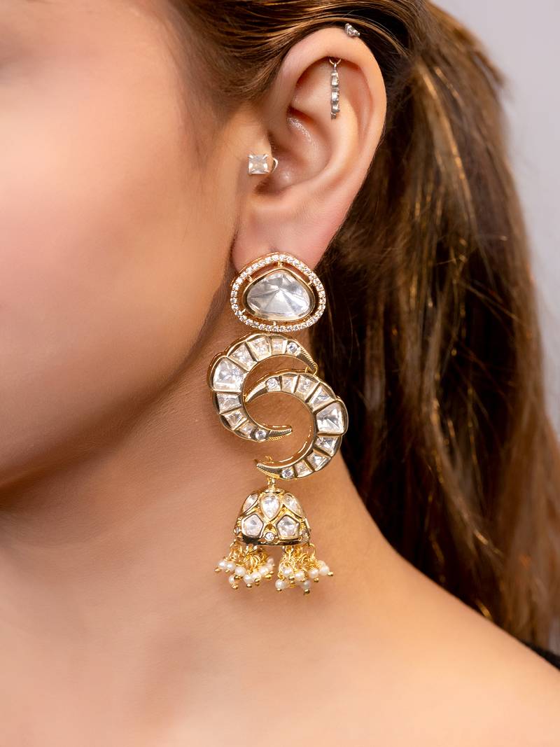 Gold plated kundan jhumka earrings
