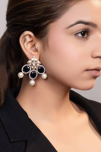 Gold plated kundan blue stones drop earrings