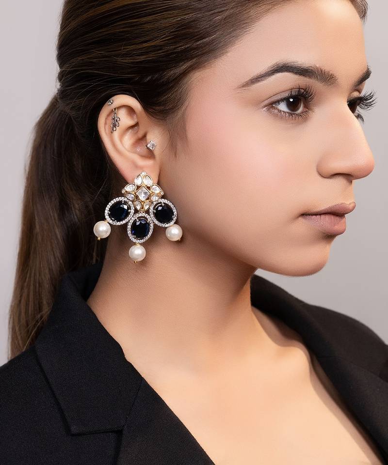 Gold plated kundan blue stones drop earrings
