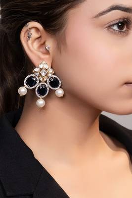 Gold plated kundan blue stones drop earrings 2