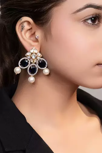 Gold plated kundan blue stones drop earrings