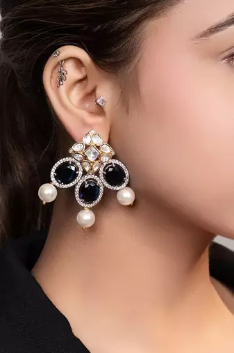 Gold plated kundan blue stones drop earrings