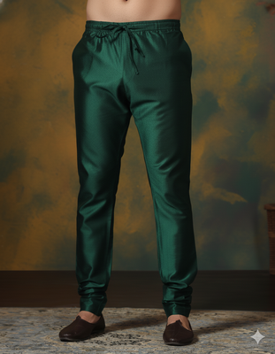 Dark green plain dupion silk churidar for festive, reception, weddings 1