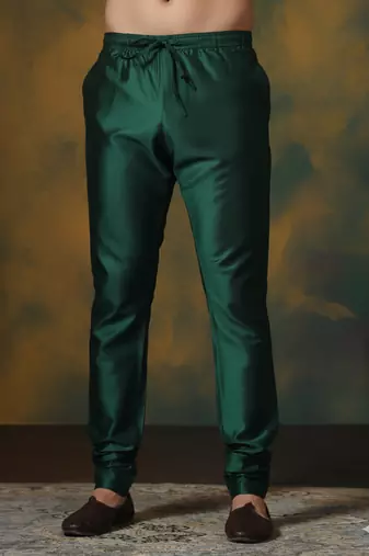 Dark green plain dupion silk churidar for festive, reception, weddings