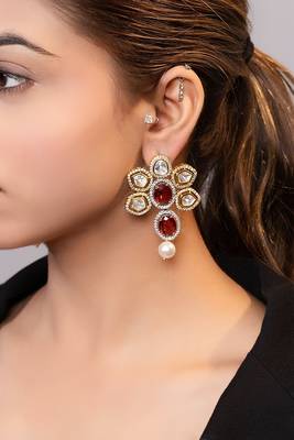 Gold plated kundan red stones drop earrings 1