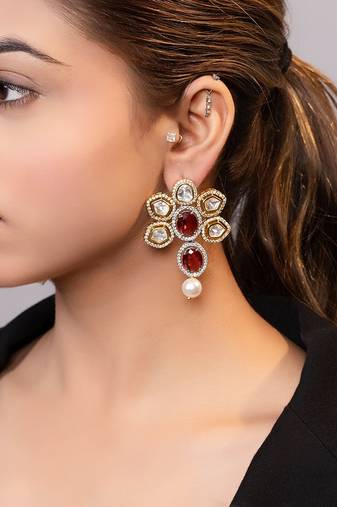 Gold plated kundan red stones drop earrings
