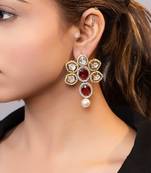 Gold plated kundan red stones drop earrings