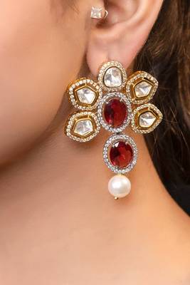 Gold plated kundan red stones drop earrings 2