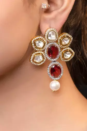 Gold plated kundan red stones drop earrings