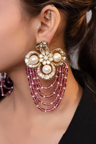 Gold plated kundan red stones drop earrings