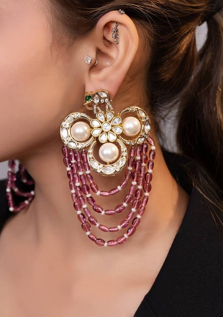 Gold plated kundan red stones drop earrings
