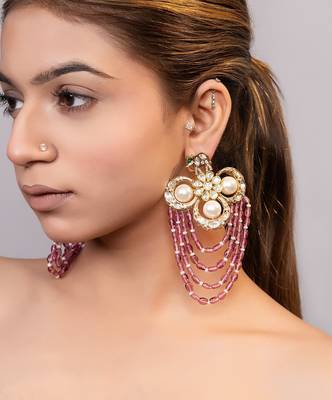 Gold plated kundan red stones drop earrings 2