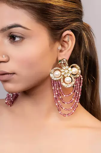 Gold plated kundan red stones drop earrings