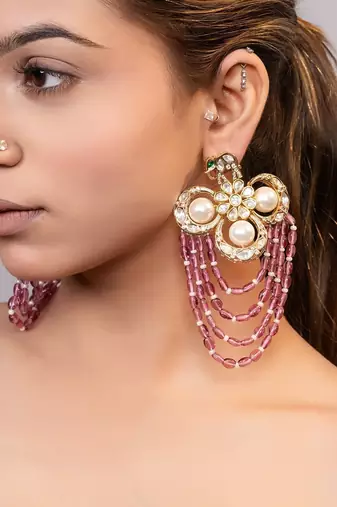 Gold plated kundan red stones drop earrings