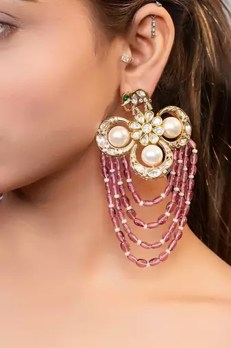 Gold plated kundan red stones drop earrings