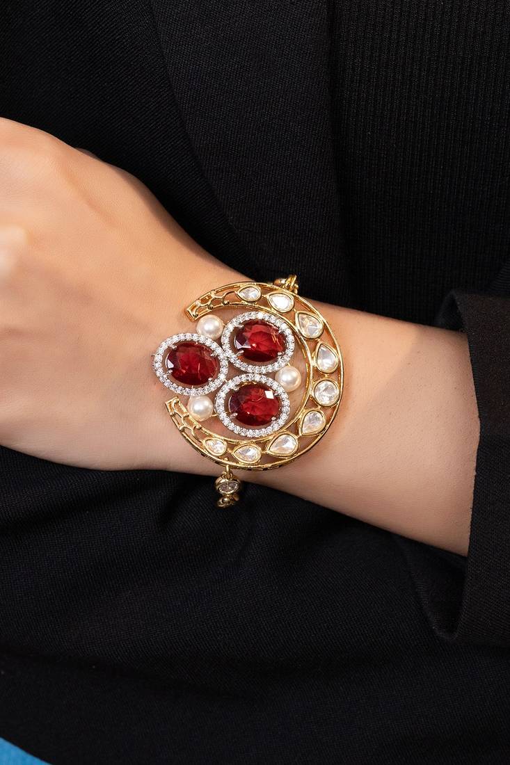 Gold plated kundan red stones bracelet