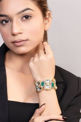 Gold plated kundan green stones bracelet