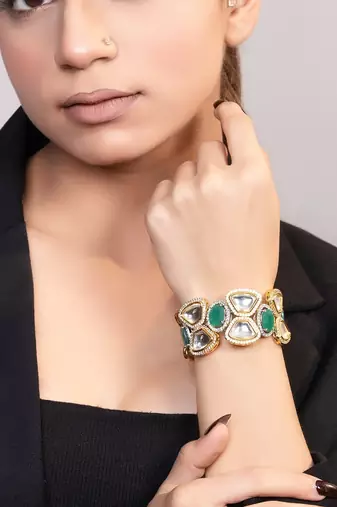 Gold plated kundan green stones bracelet