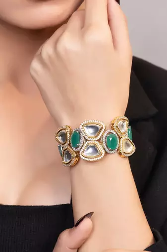 Gold plated kundan green stones bracelet