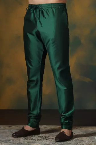 Dark green plain dupion silk churidar for festive, reception, weddings