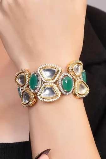 Gold plated kundan green stones bracelet