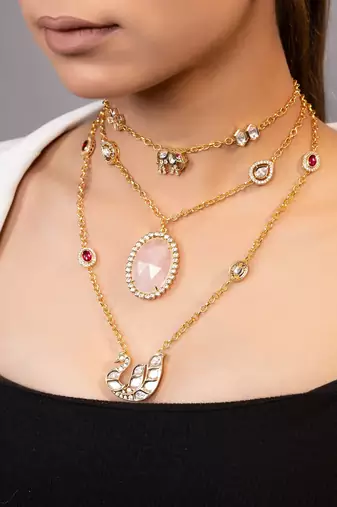 Gold plated kundan pink stones layered necklace