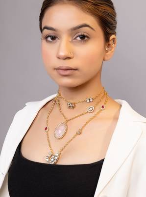 Gold plated kundan pink stones layered necklace 2