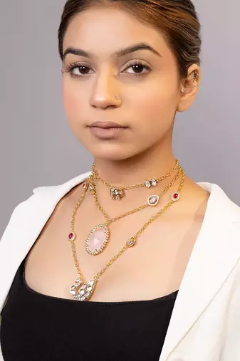 Gold plated kundan pink stones layered necklace