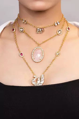 Gold plated kundan pink stones layered necklace