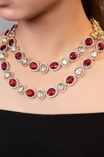 Gold plated kundan red stones necklace