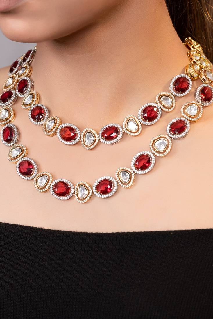 Gold plated kundan red stones necklace