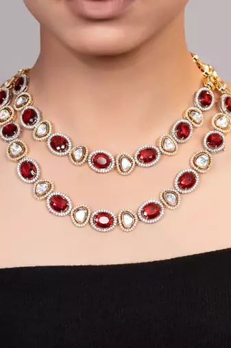 Gold plated kundan red stones necklace