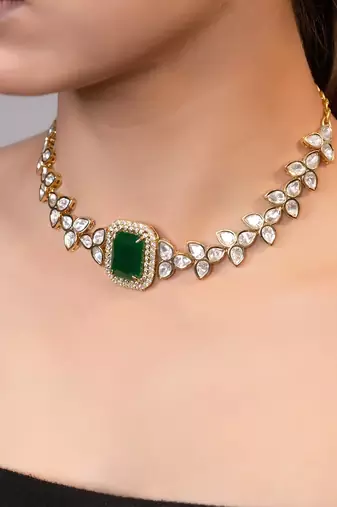 Gold plated kundan green stones choker necklace