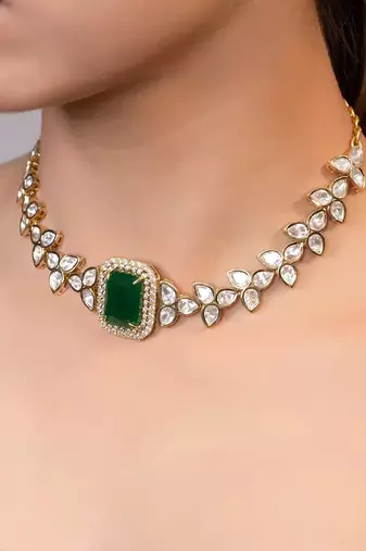 Gold plated kundan green stones choker necklace