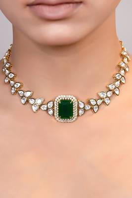 Gold plated kundan green stones choker necklace 3