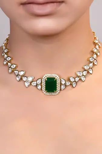 Gold plated kundan green stones choker necklace