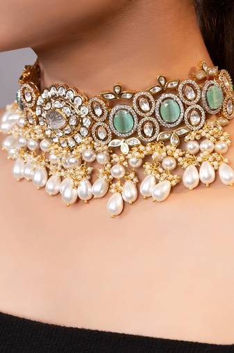 Gold plated kundan green stones choker necklace