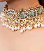Gold plated kundan green stones choker necklace